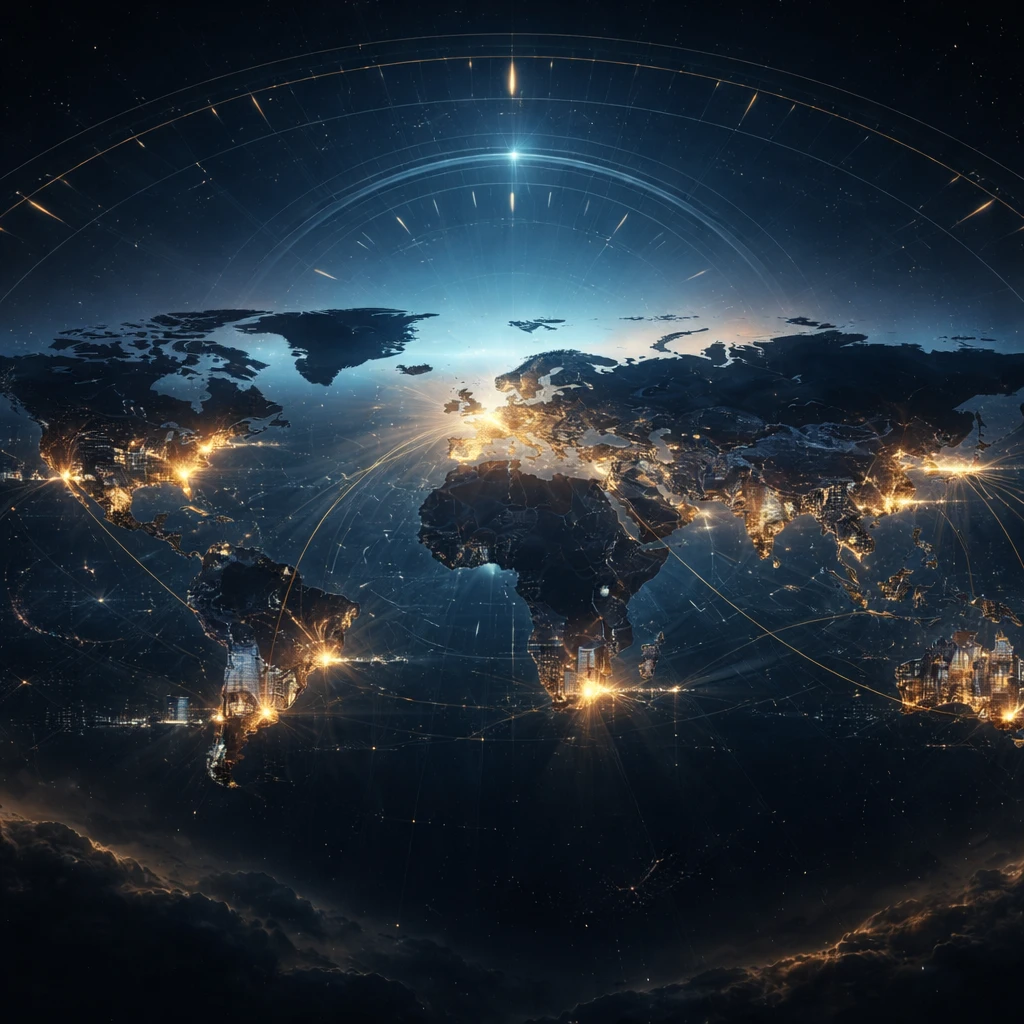 World map at night showing time-zone bands and illuminated financial centers connected by light arcs