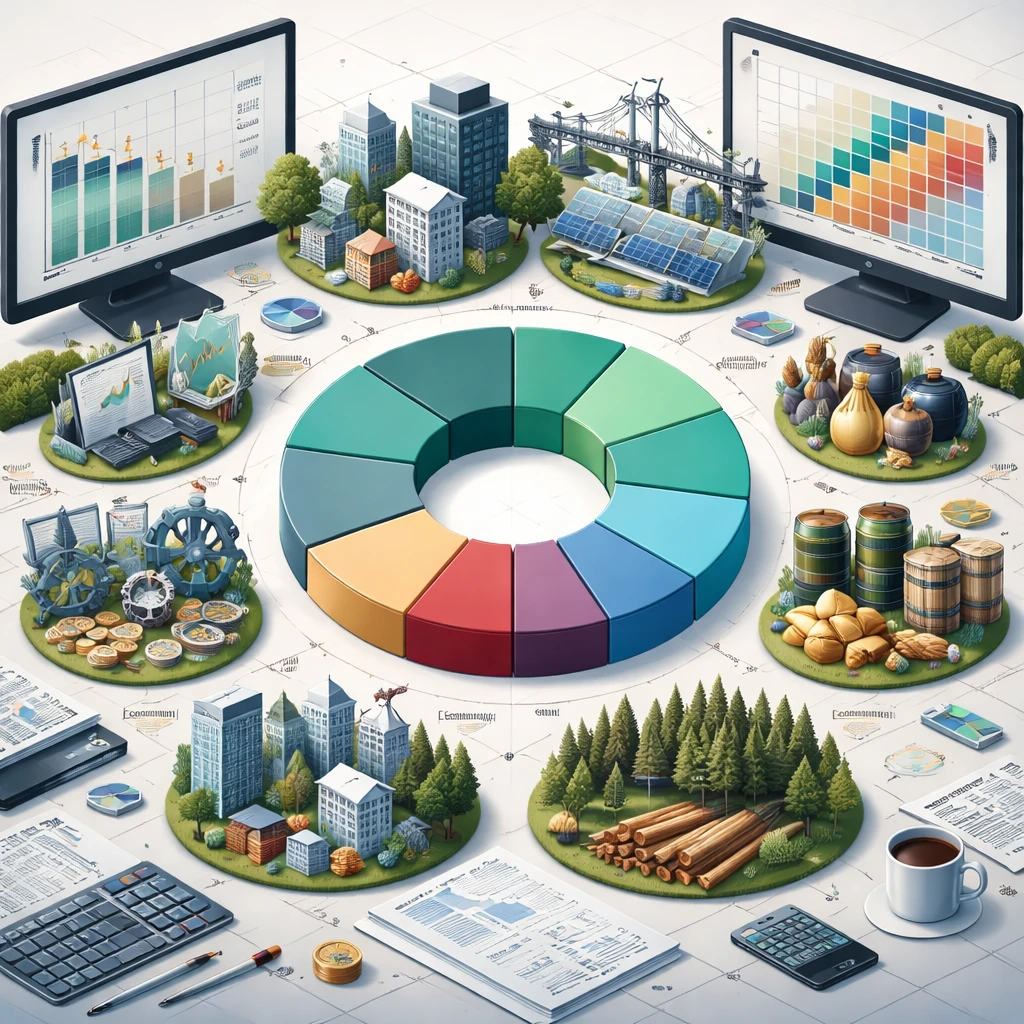 Icons for real estate, private equity, commodities, infrastructure, and hedge funds arranged around a central multi-asset portfolio chart.