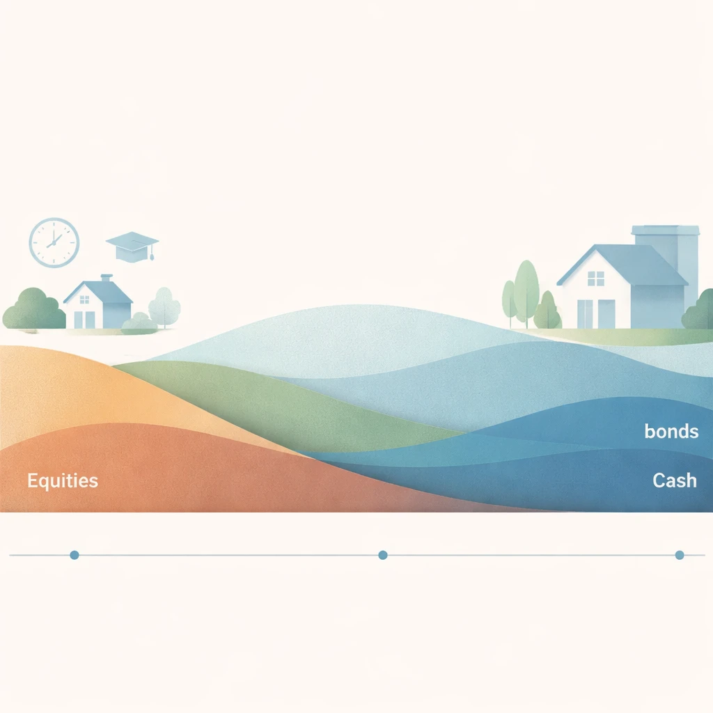Abstract stacked shapes showing a portfolio gradually transitioning from growth assets to defensive assets along an age timeline, with icons for time and household needs.