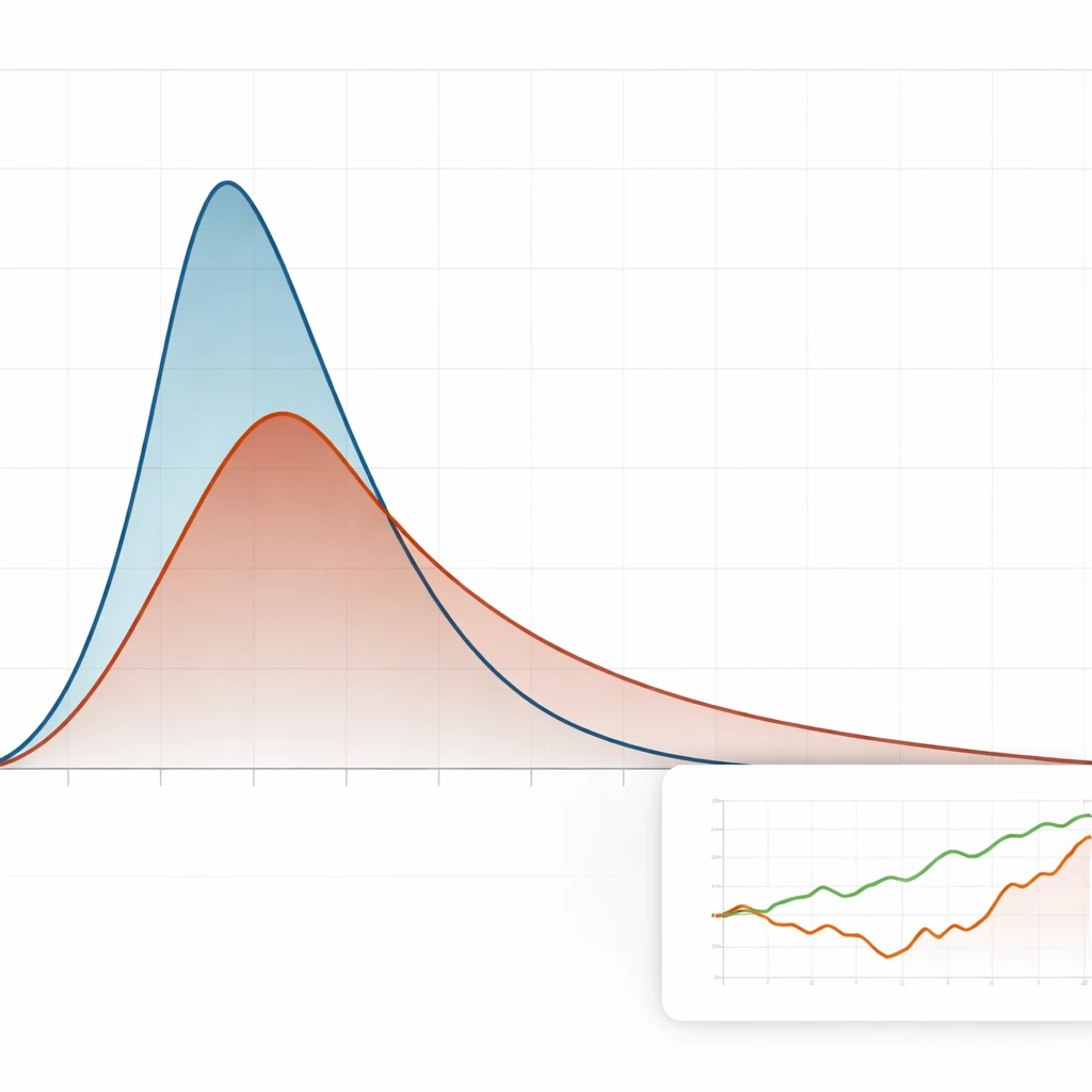 Overlayed payoff distributions illustrating limited losses and extended gains contrasted with a negatively skewed profile, with a small inset equity curve showing shallow versus deep drawdowns.