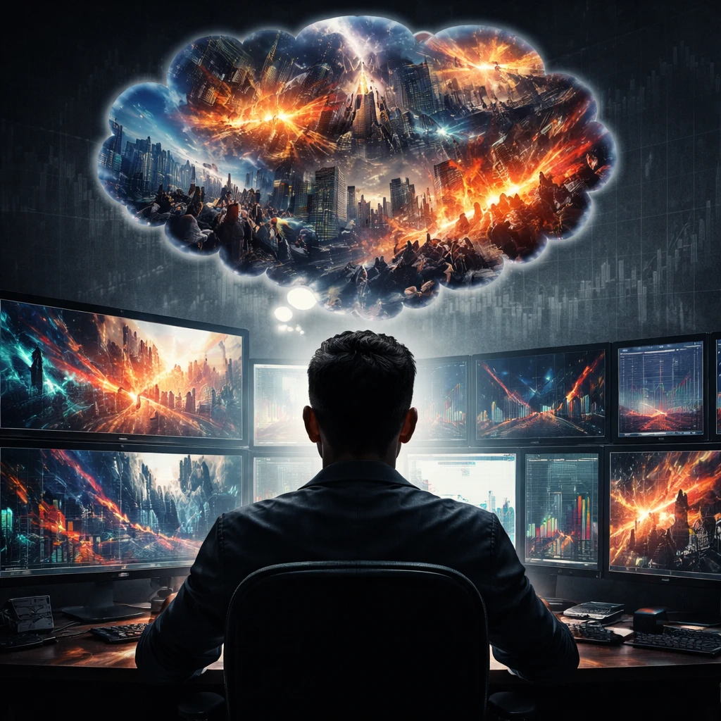 A trader’s workspace where vivid recent market images overshadow a faint long-term chart, symbolizing availability bias.