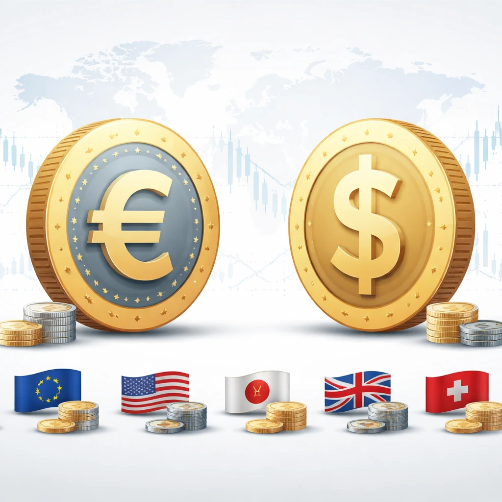 Illustration of euro and U.S. dollar coins facing each other with subtle financial chart lines and a world map in the background, suggesting an exchange rate relationship.