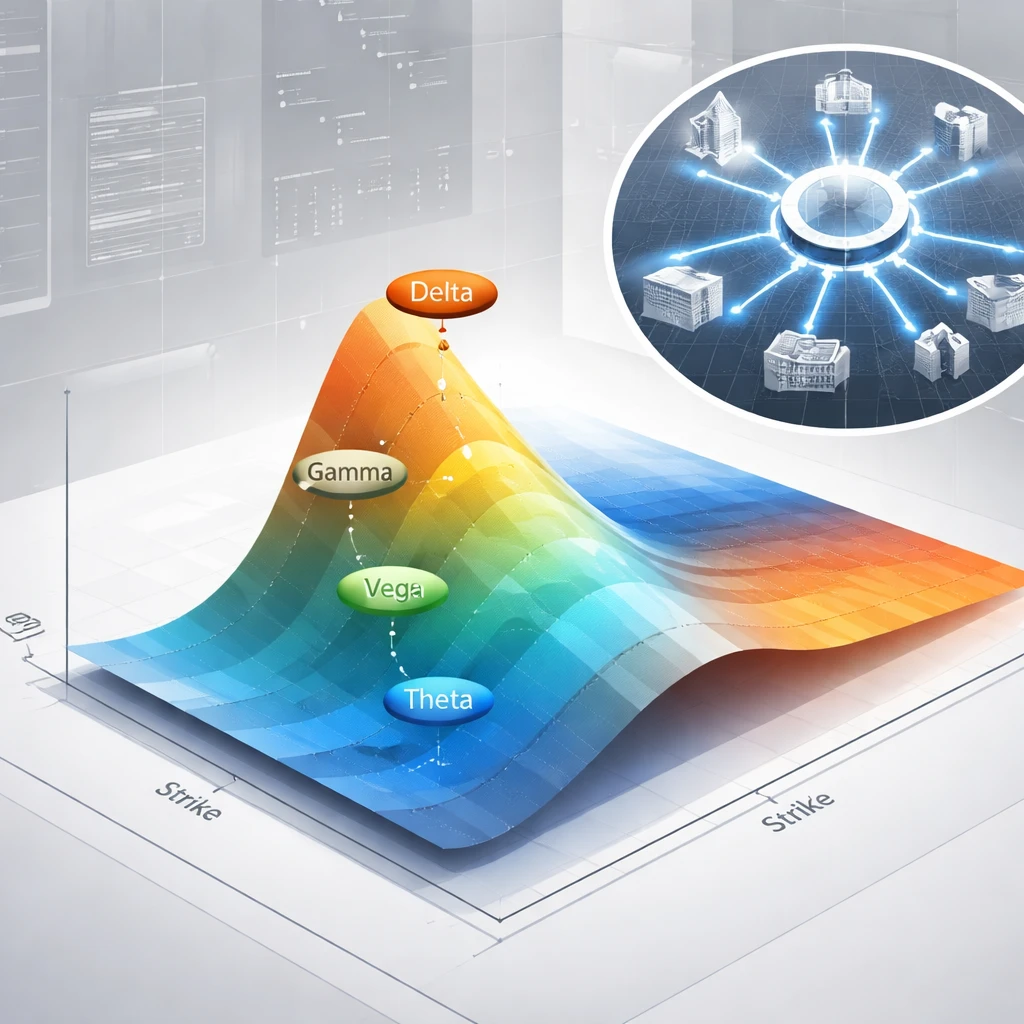 Conceptual visualization of option risk across strike and time with implied volatility surface and market structure connections.