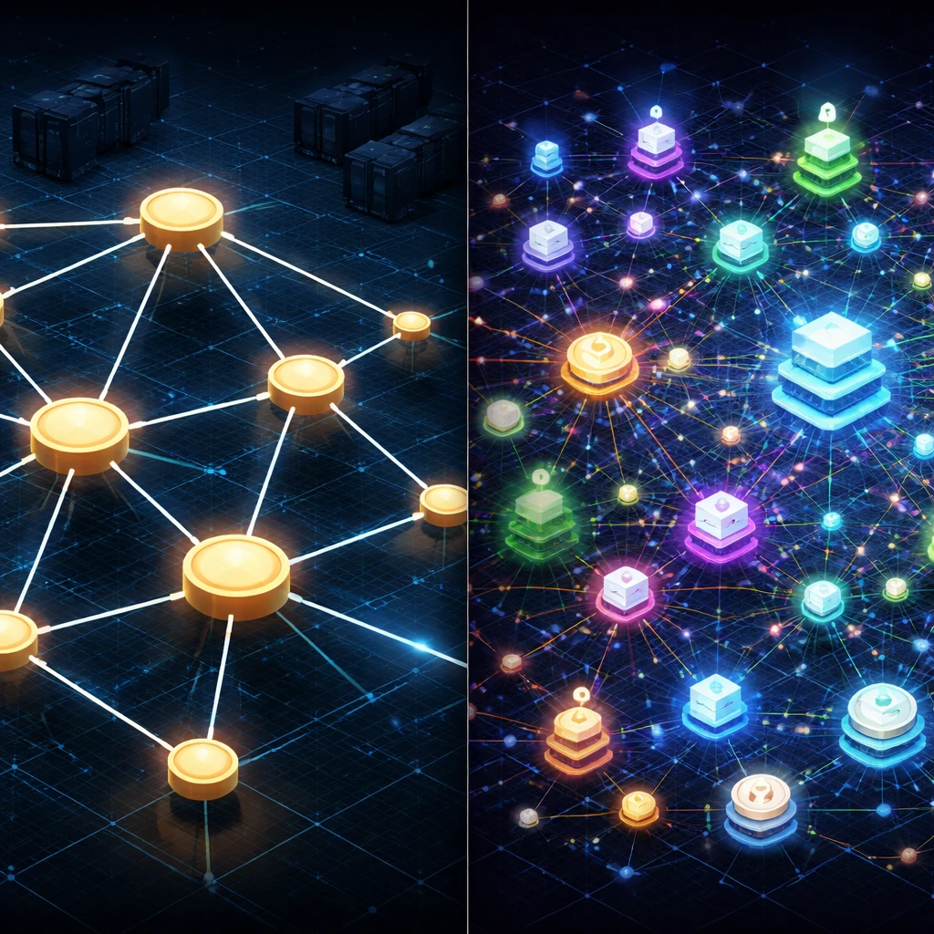 Abstract comparison of the Bitcoin network and a variety of altcoin networks shown as contrasting node clusters and layers