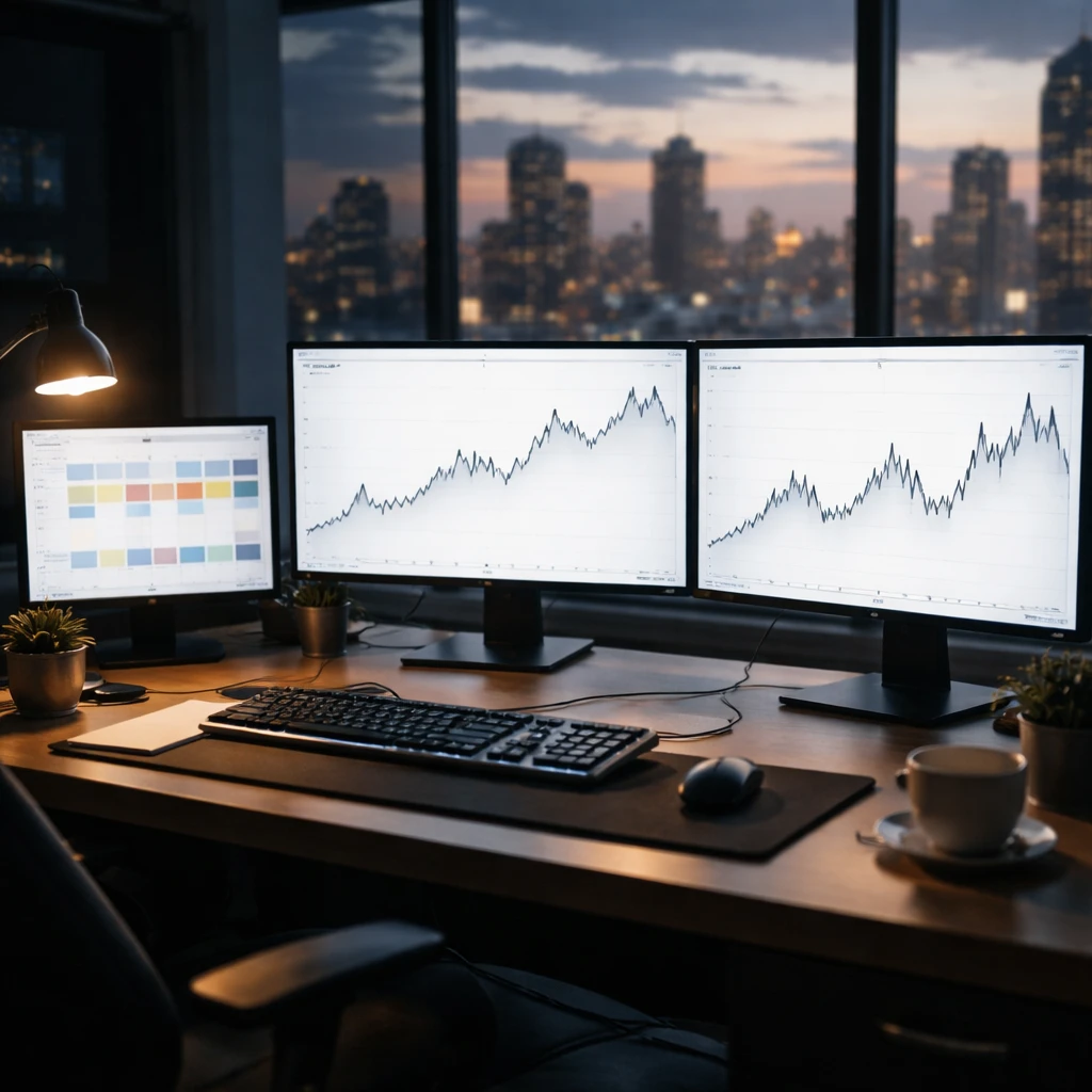 Multiple monitors on a trading desk displaying the same market across long, medium, and short timeframes, illustrating how horizons are blended.