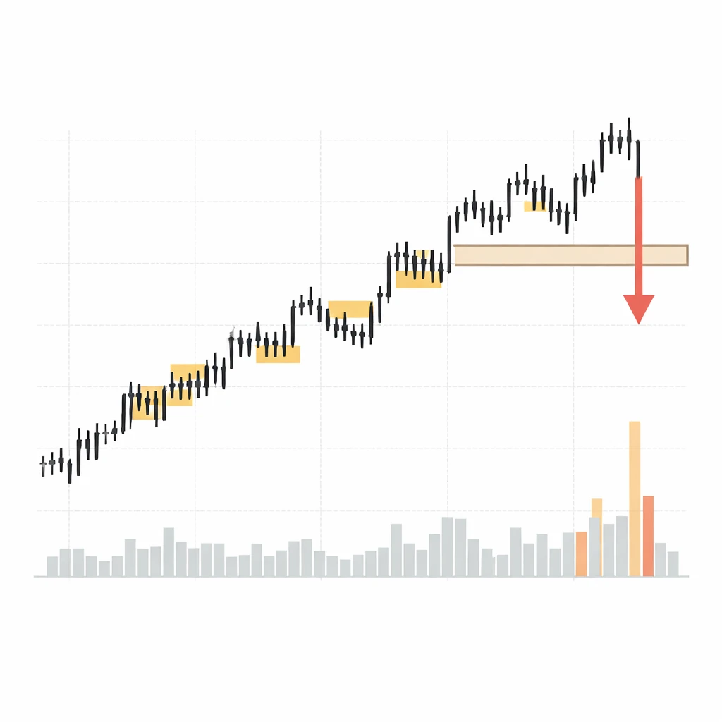 Stylized chart of a rising trend with multiple continuations and a later breakdown below support.