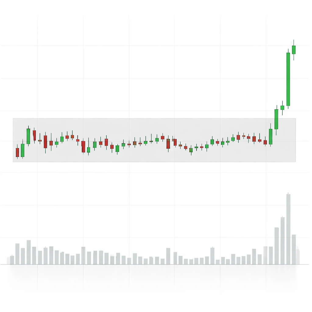 Candlestick chart showing a tight sideways trading range and a clear breakout with rising volume, no text.