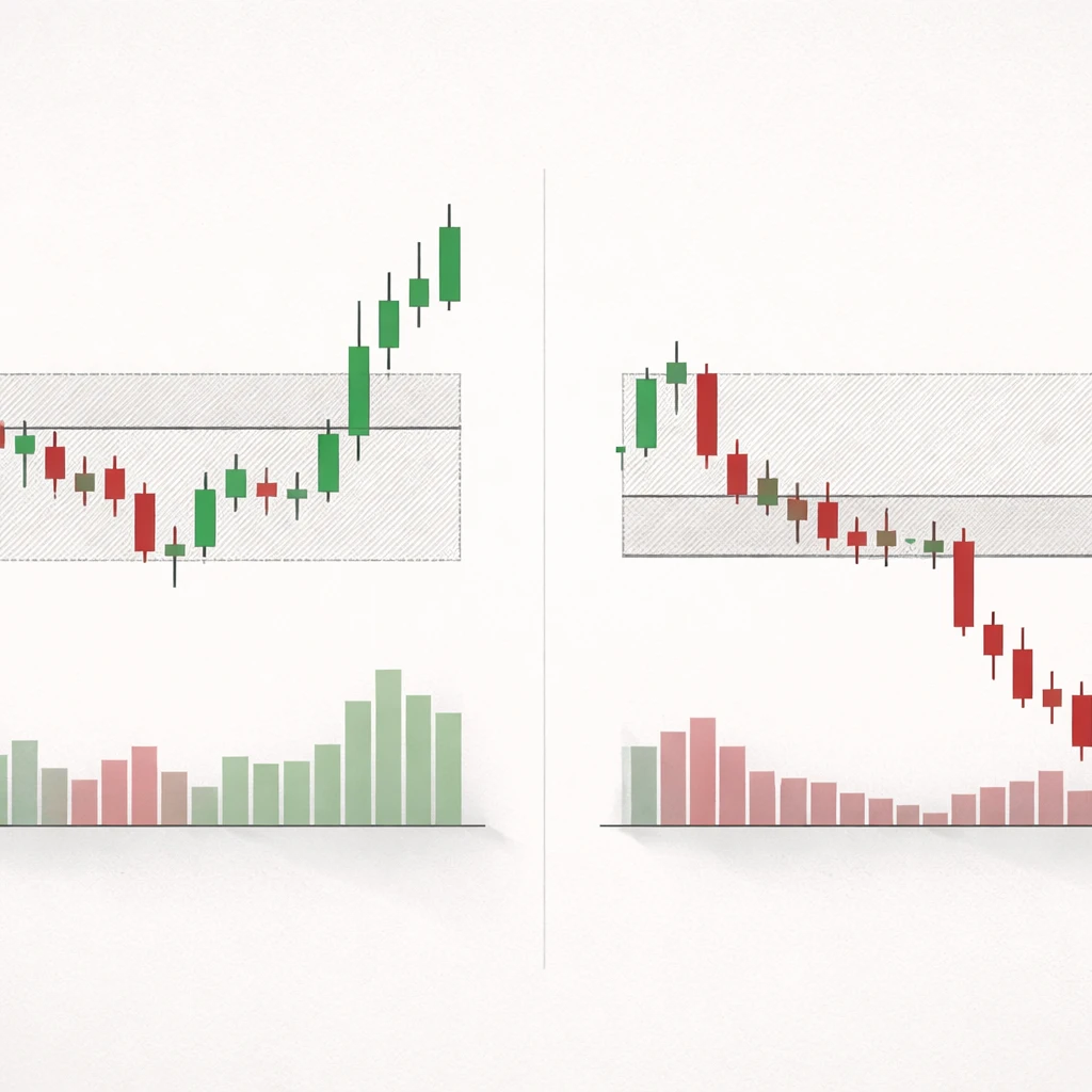 Candlestick panels depicting a breakout above resistance and a breakdown below support with volume expansion.