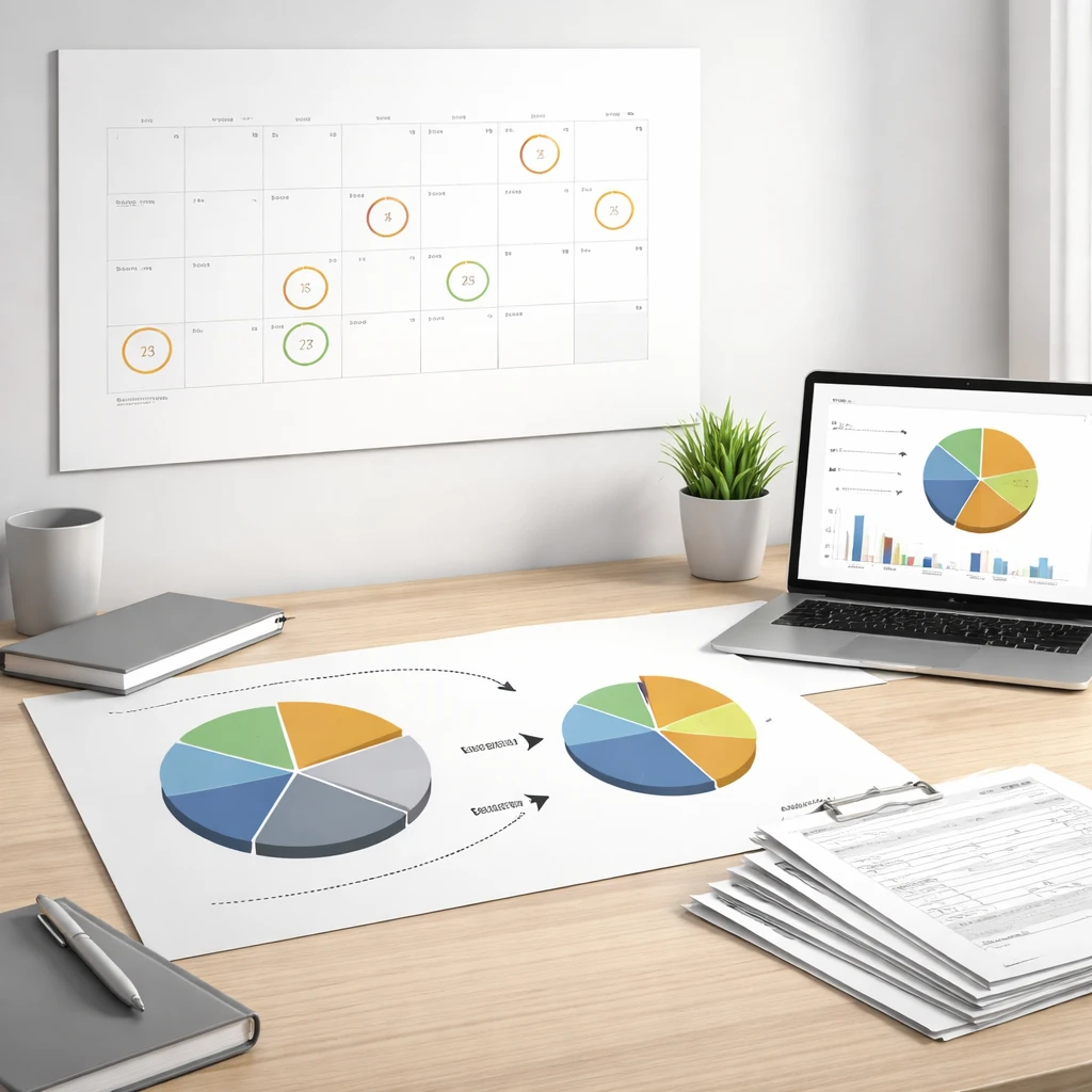 A calendar beside charts illustrating a portfolio drifting and then rebalanced back to target weights.