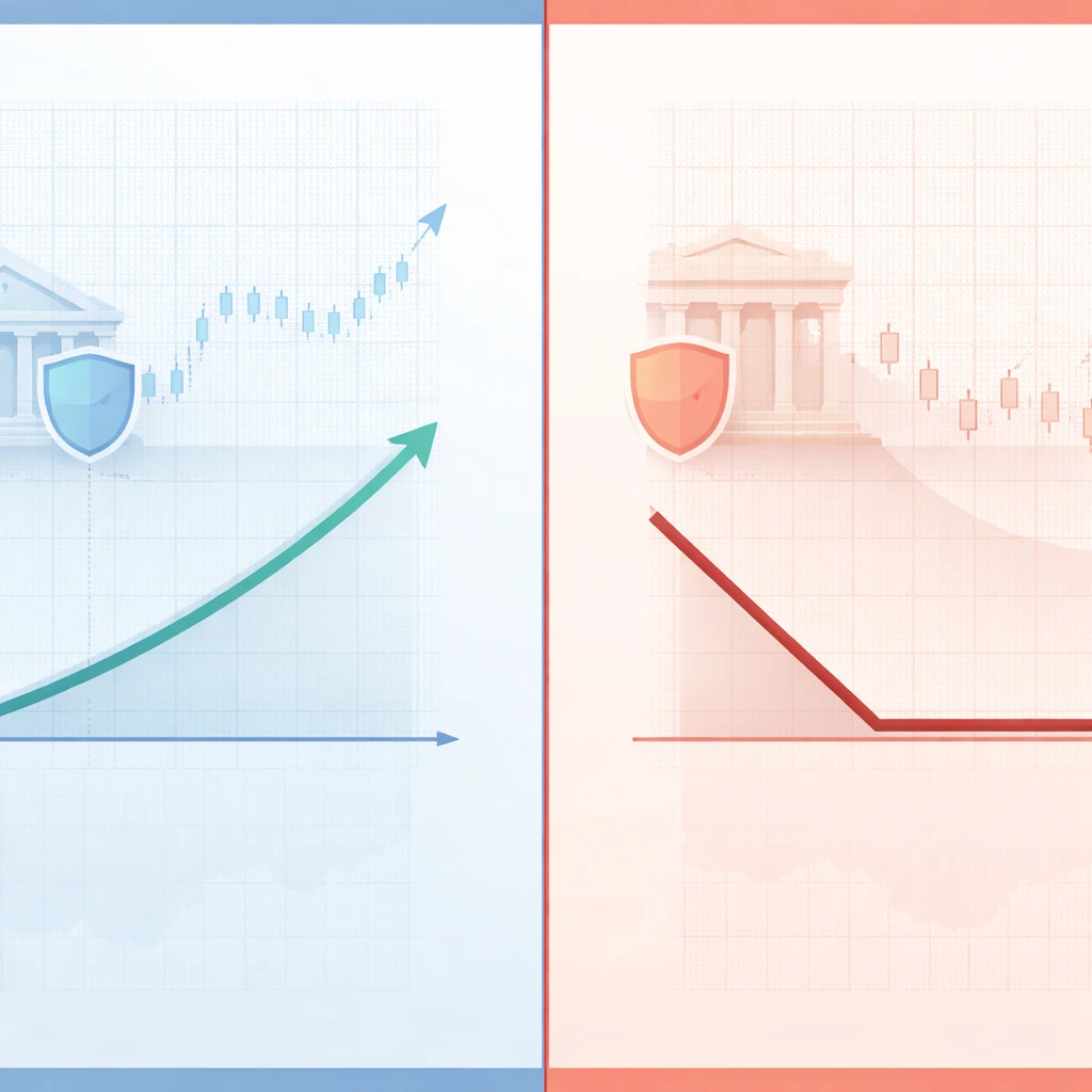 Abstract comparison of call and put option payoffs as opposite-sloping lines over a price axis, with subtle market imagery in the background.