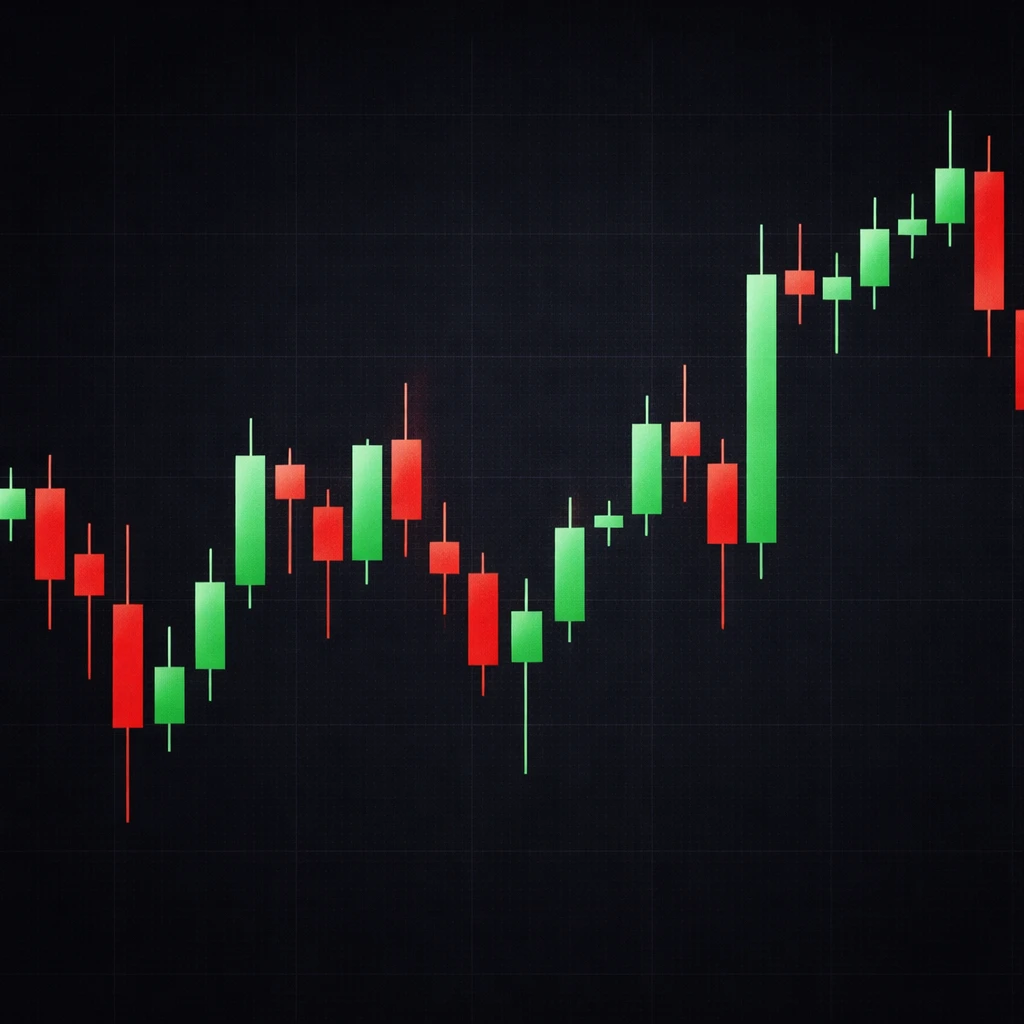 Sequence of red and green candlesticks displaying varied bodies and wicks on a minimalist dark chart.