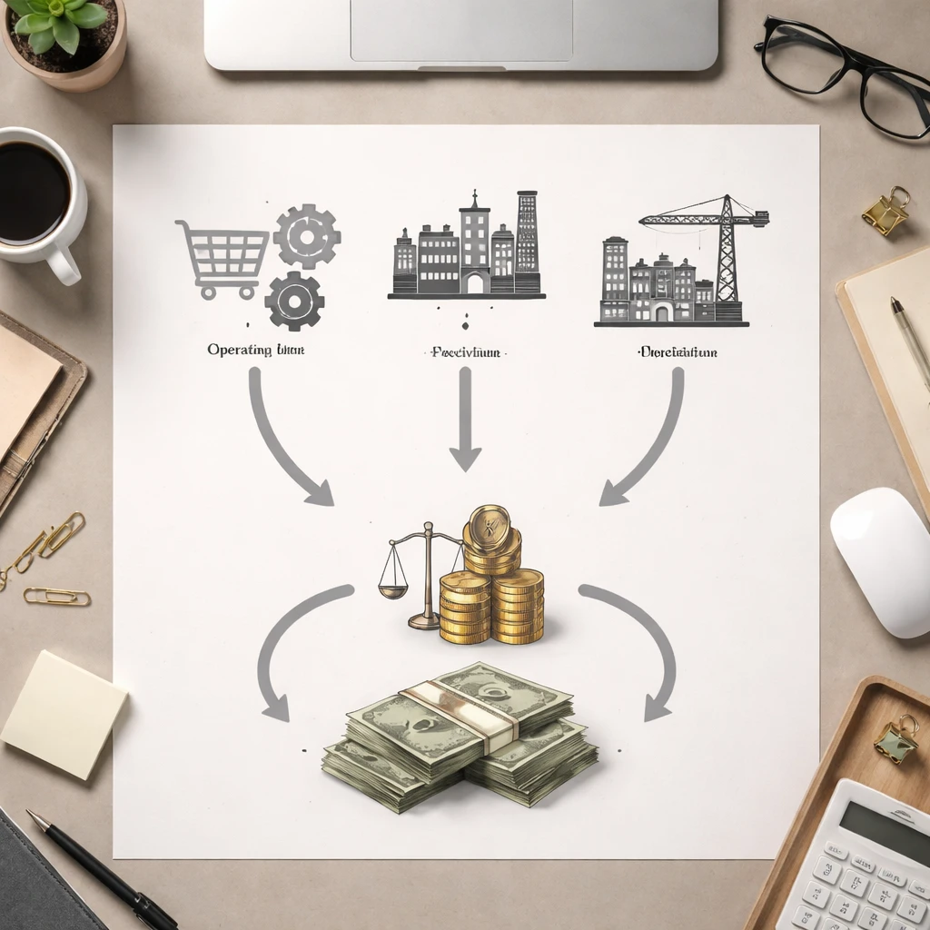 Diagrammatic illustration of operating, investing, and financing cash flows converging into total cash.