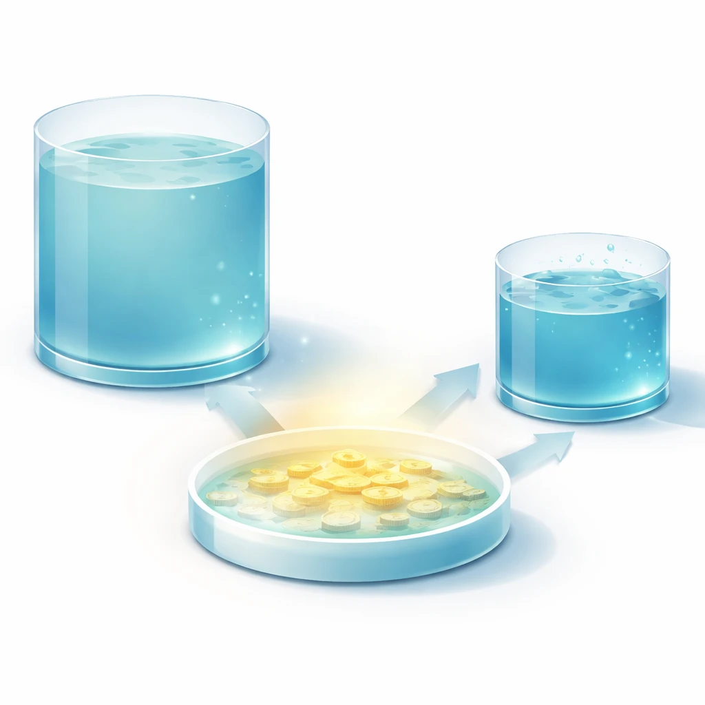 Three stylized portfolio buckets connected by a central cash pool illustrating flows between long-term and trading capital.