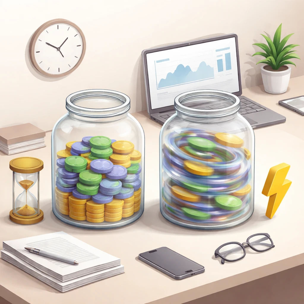 Two separate glass containers symbolizing long-term and trading capital with contrasting risk profiles.