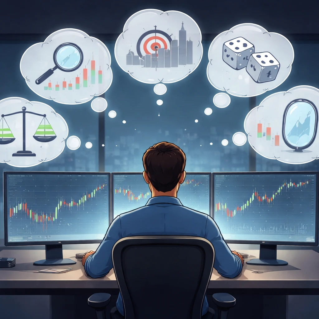 Conceptual illustration of a trader analyzing charts with cognitive bias symbols hovering as thought bubbles.