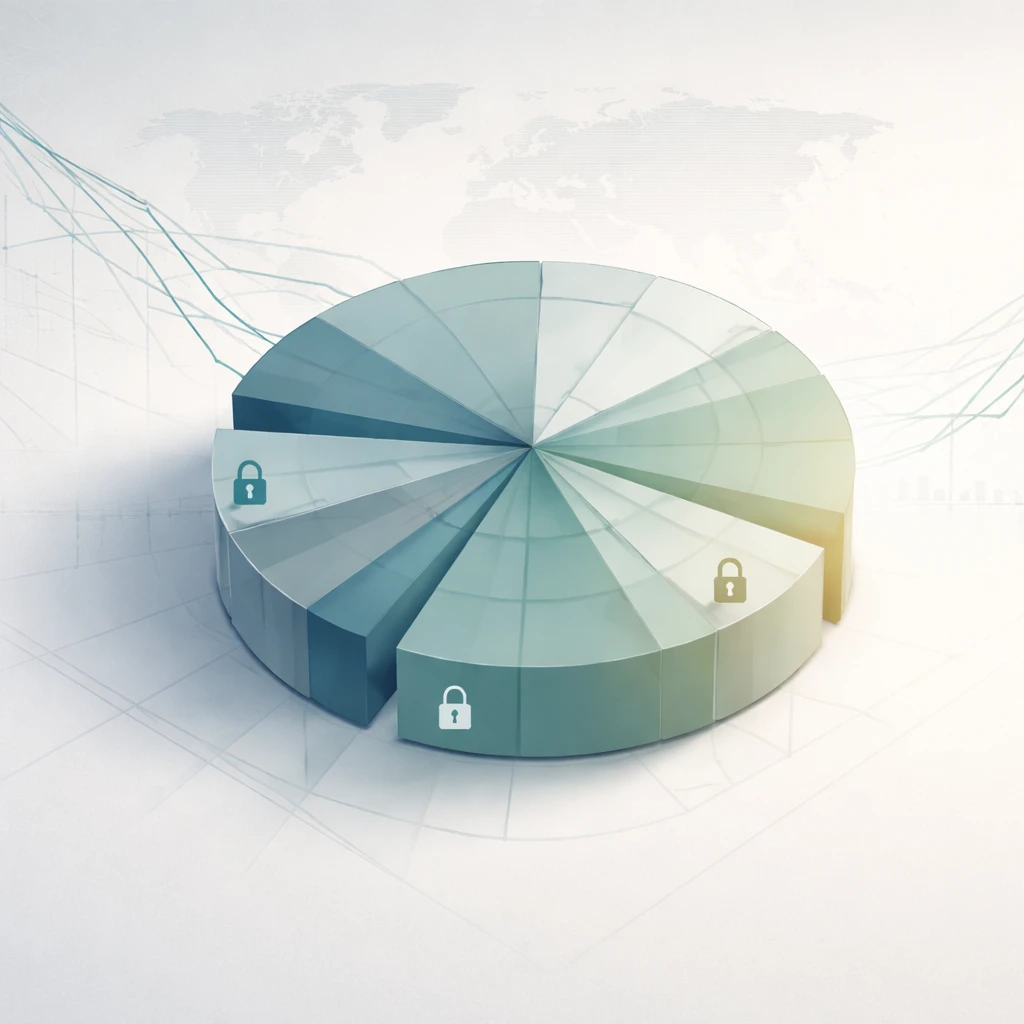 Conceptual visualization of diversification mistakes with overlapping pie chart segments, a world map backdrop, and correlated line graphs converging during stress.
