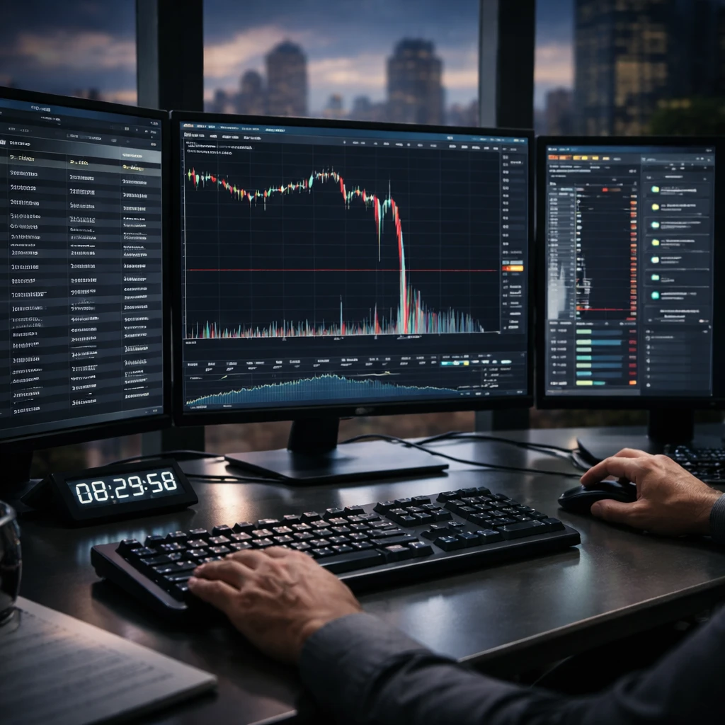 Trading desk with charts, order book, and economic calendar during a volatile news event