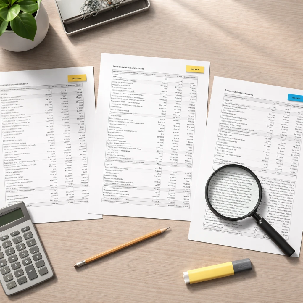 Overhead image of financial statements on a desk with a magnifying glass focusing on footnotes, alongside a calculator and pencil.
