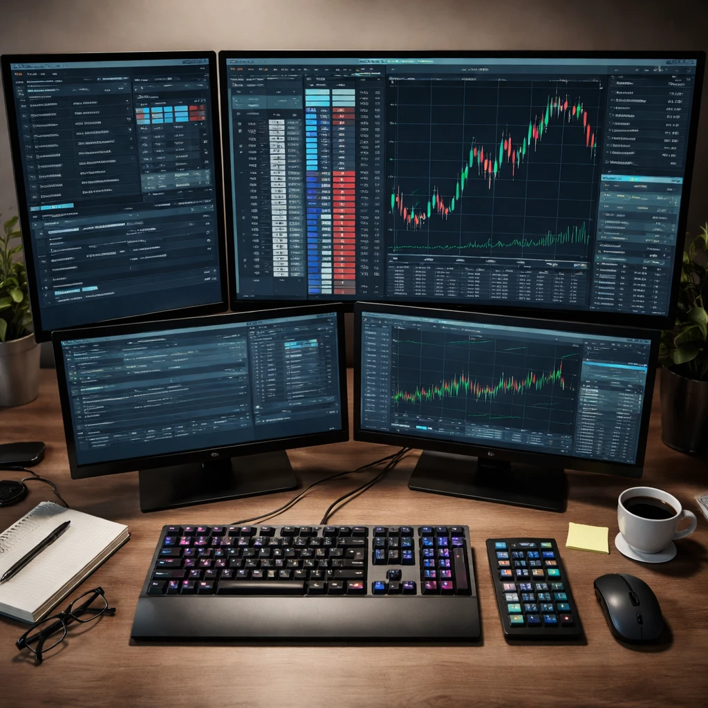 Overhead view of a trading workstation showing platform panels for order entry, quotes, and risk, illustrating how settings affect execution.