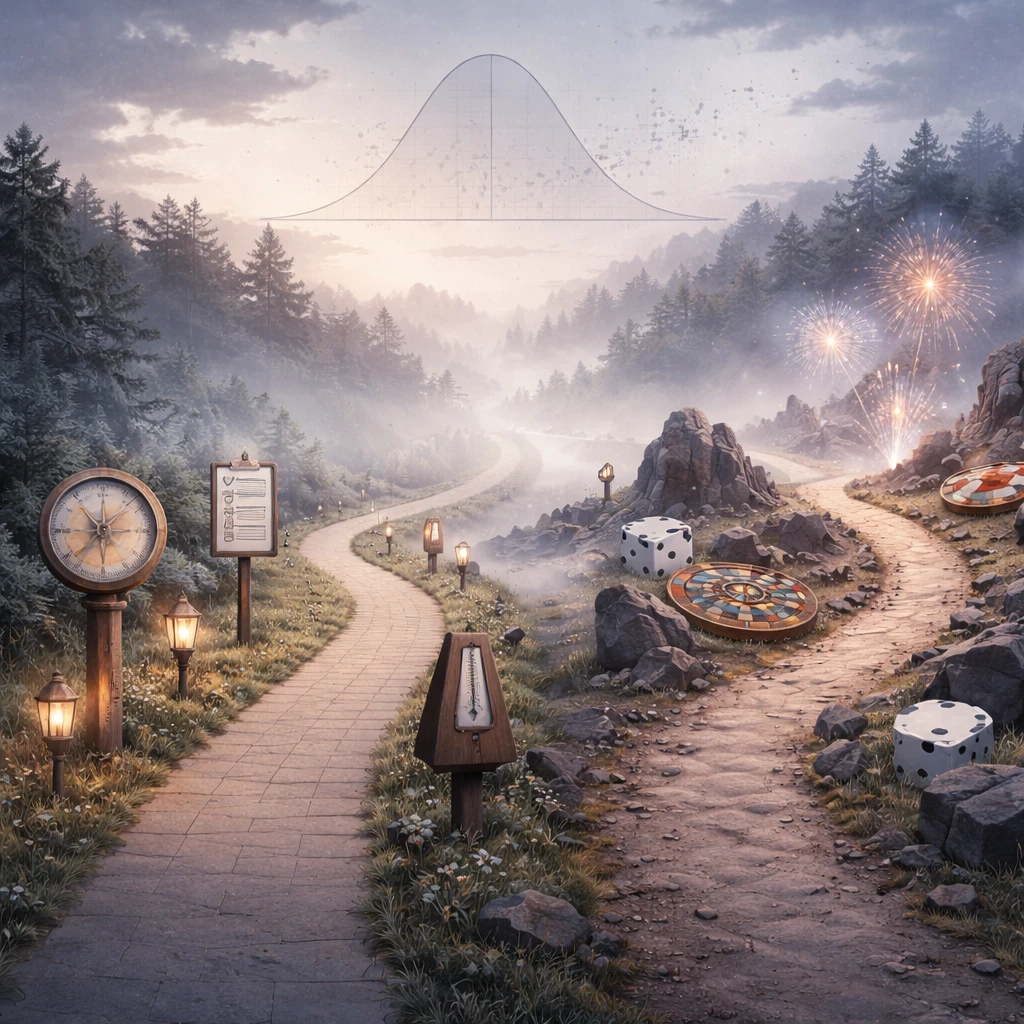 Conceptual scene of two diverging paths representing process discipline versus outcome-chasing under uncertainty, with tools on one path and dice on the other.