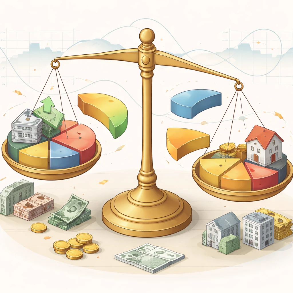 Isometric illustration of a balance scale with pie chart segments shifting to represent portfolio rebalancing pitfalls.
