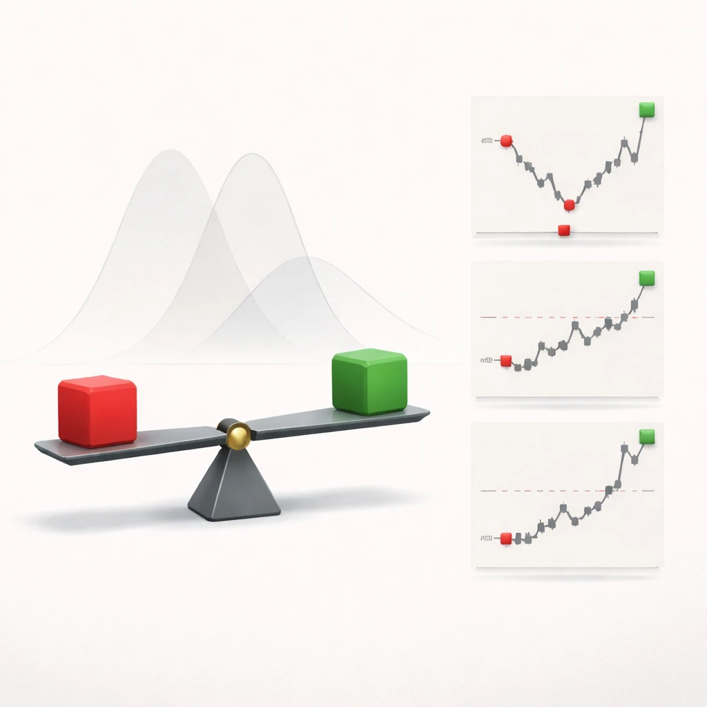 Conceptual image of risk and reward balance with charts showing different outcome distributions, no text.