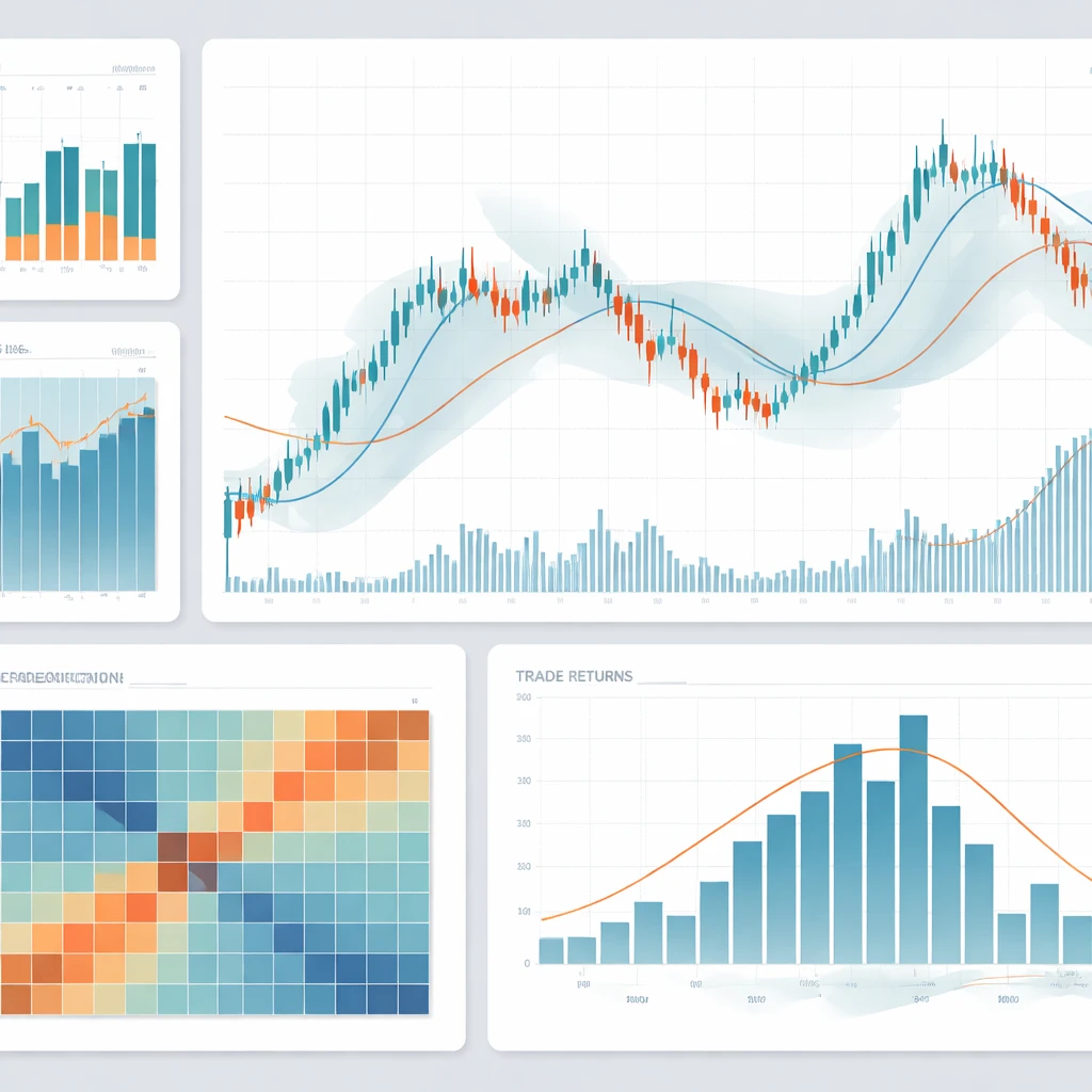 Financial chart illustrating a trend following system with highlighted mistake points, volatility and correlation panels.