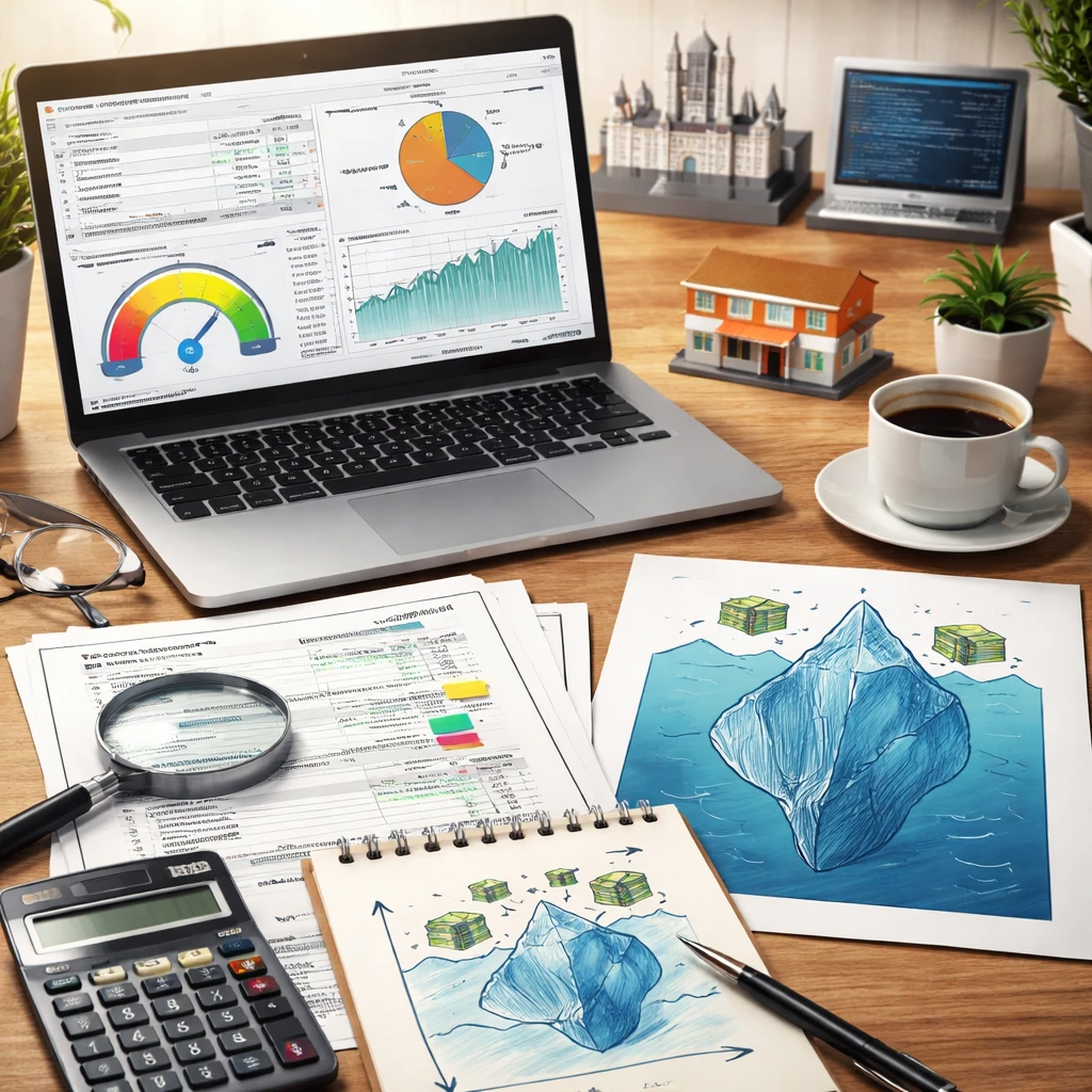 Analyst workspace with valuation model, financial statements, and visual cues highlighting discount rates, earnings quality, and terminal value.
