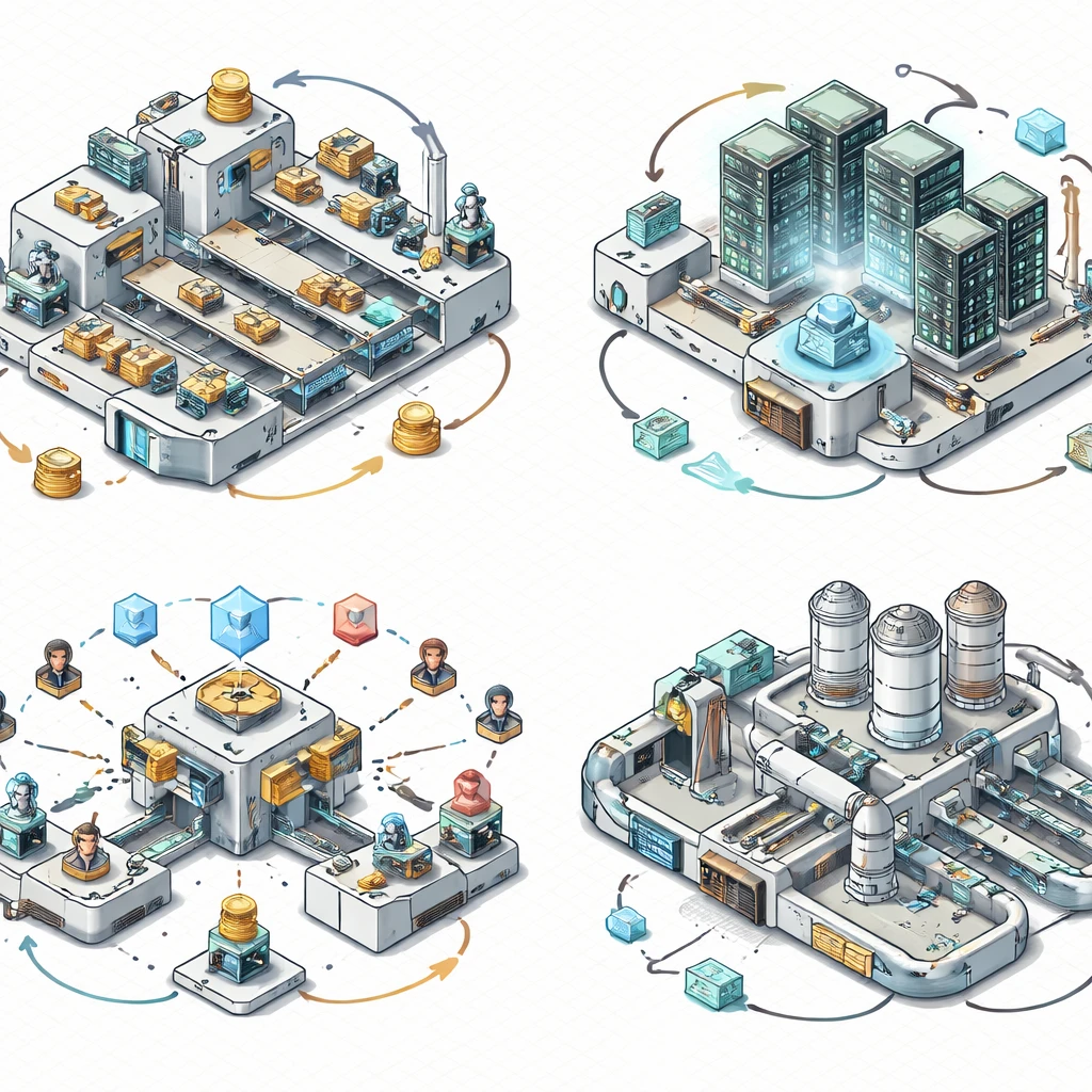 Isometric illustration comparing distinct business model machines converting inputs into cash flows.