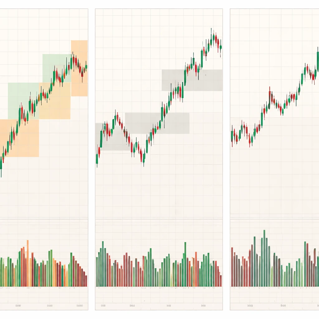 Three synchronized market charts showing monthly, daily, and intraday views of the same asset