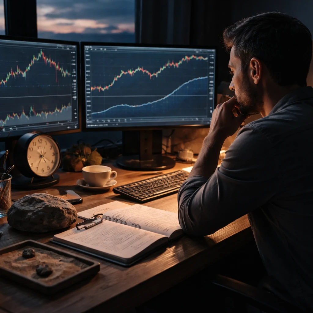 A trader’s desk with charts, an equity curve showing drawdown and recovery, and a journal capturing decisions, symbolizing confidence erosion and rebuilding.