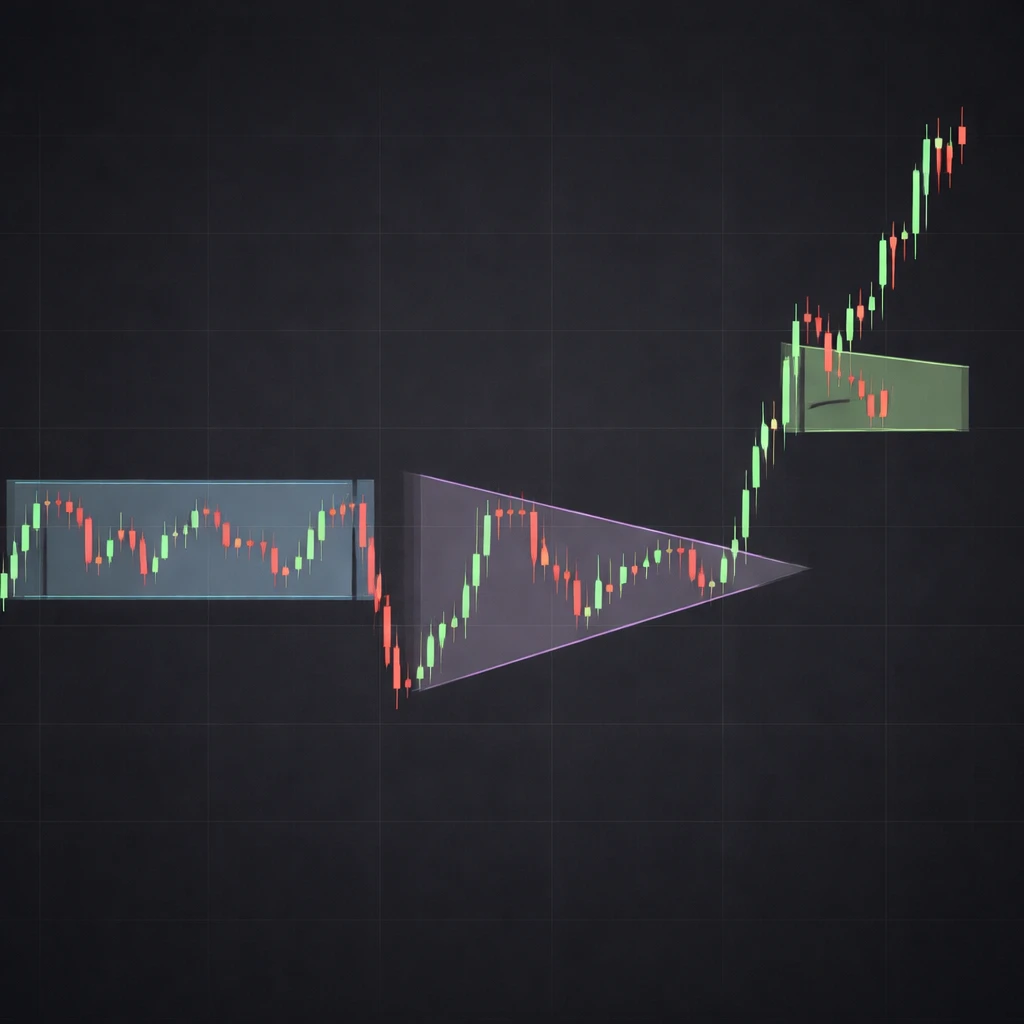 Candlestick chart illustrating common consolidation patterns: rectangle, triangle, and flag.