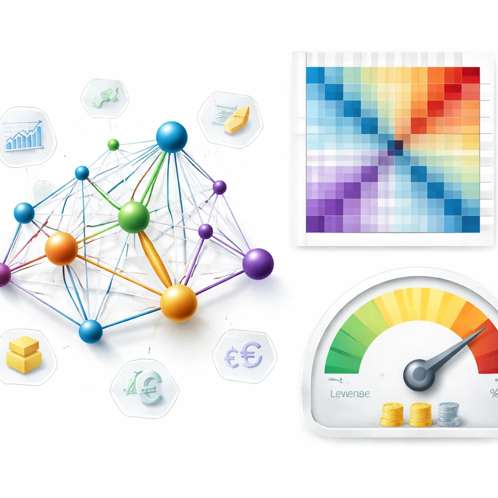 Abstract visualization of a portfolio correlation network, a heatmap of co-movements, and a leverage gauge without any text.