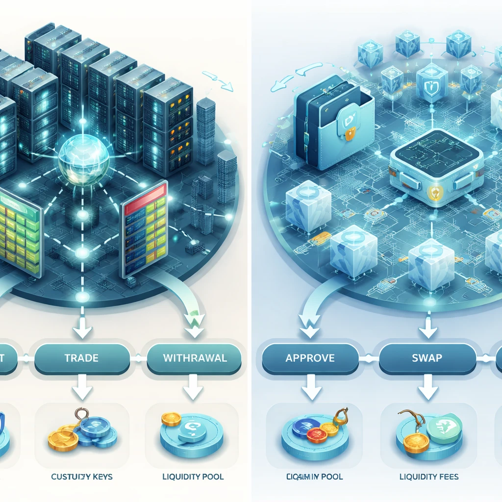 Conceptual illustration comparing centralized and decentralized crypto exchanges with order books, servers, and on-chain smart contracts.