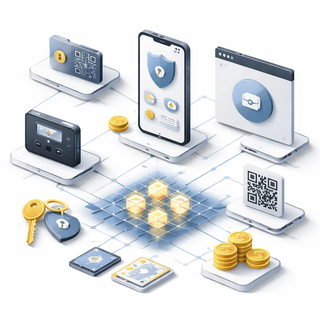 Isometric illustration of hardware, mobile, and browser crypto wallets connected to a stylized blockchain network