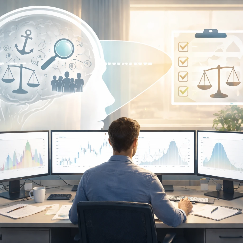 A trader analyzing charts with a structured checklist, illustrating the concept of debiasing market decisions.