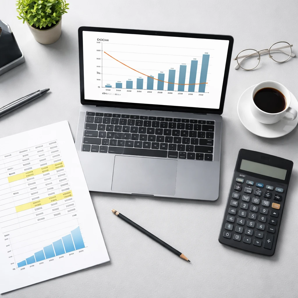 Overhead view of a finance workspace with a laptop DCF model, cash flow sheets, and calculator.