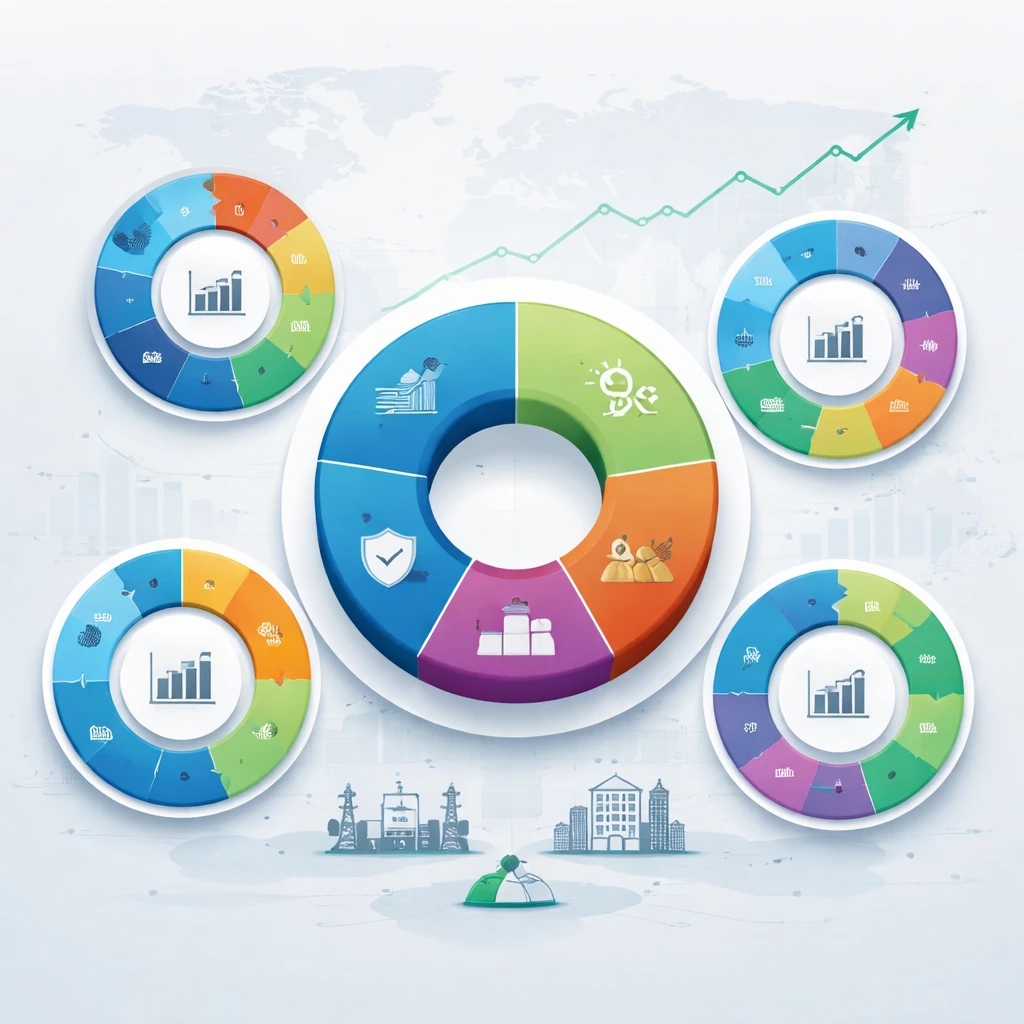 Illustration of a diversified portfolio with balanced asset segments set against a rising market backdrop.