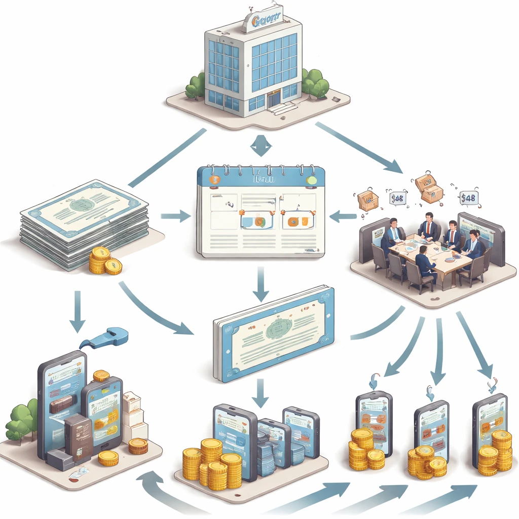 Isometric illustration of a company declaring and paying dividends through the market infrastructure to shareholder accounts.
