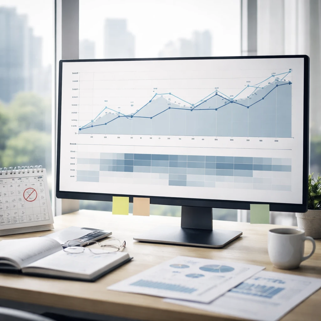 Dashboard-style chart comparing expected and actual quarterly earnings, with visual markers for surprises and a muted heatmap, no text labels.