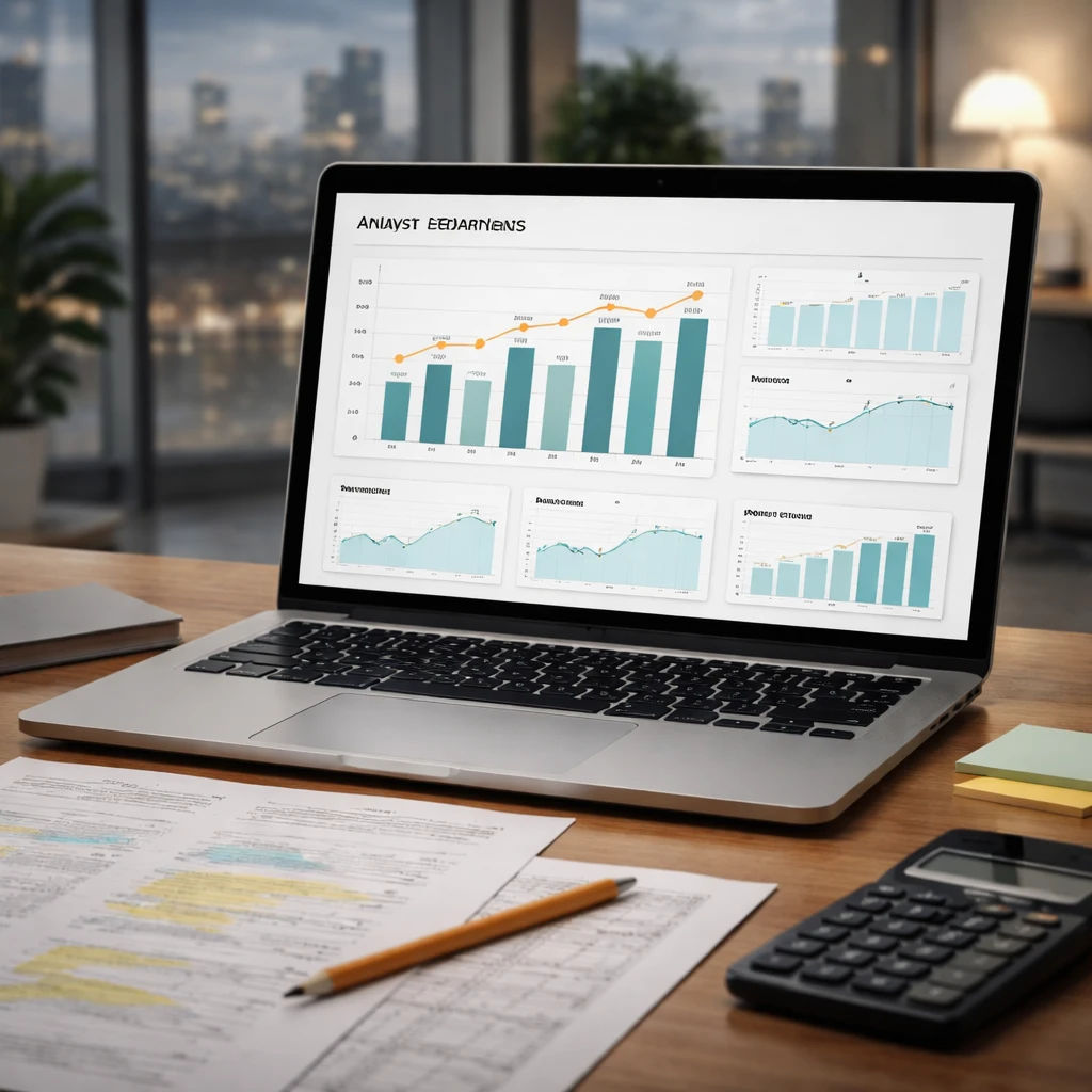 Analyst workstation with charts comparing actual and expected earnings, alongside revenue and margin panels.