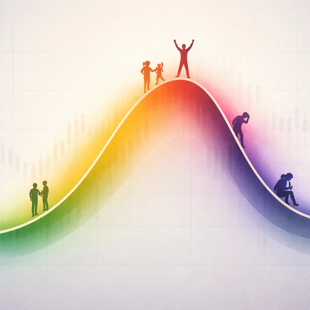 Abstract illustration of a price curve with color-shaded emotional phases and human silhouettes reacting at different points, no text.