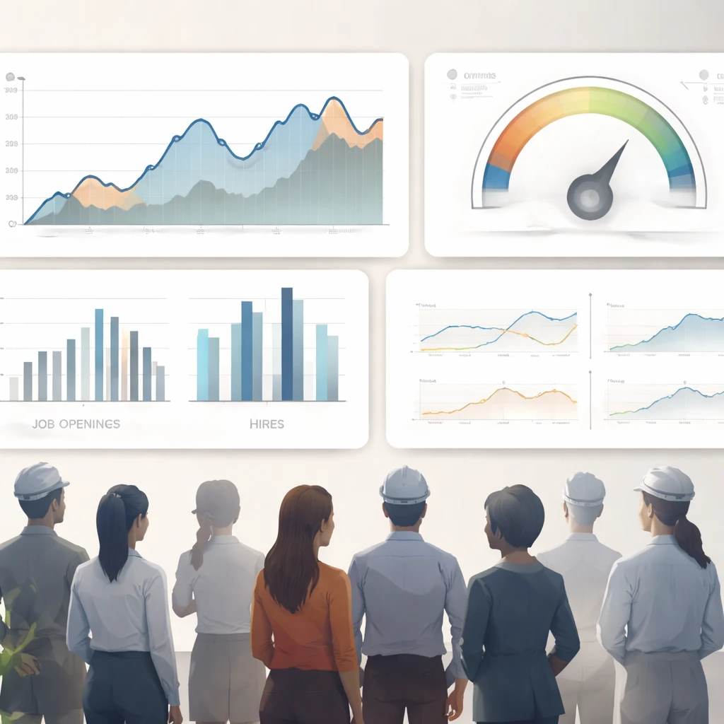 Abstract visualization of employment indicators such as unemployment, job openings, wages, and hours worked shown as charts with worker silhouettes.