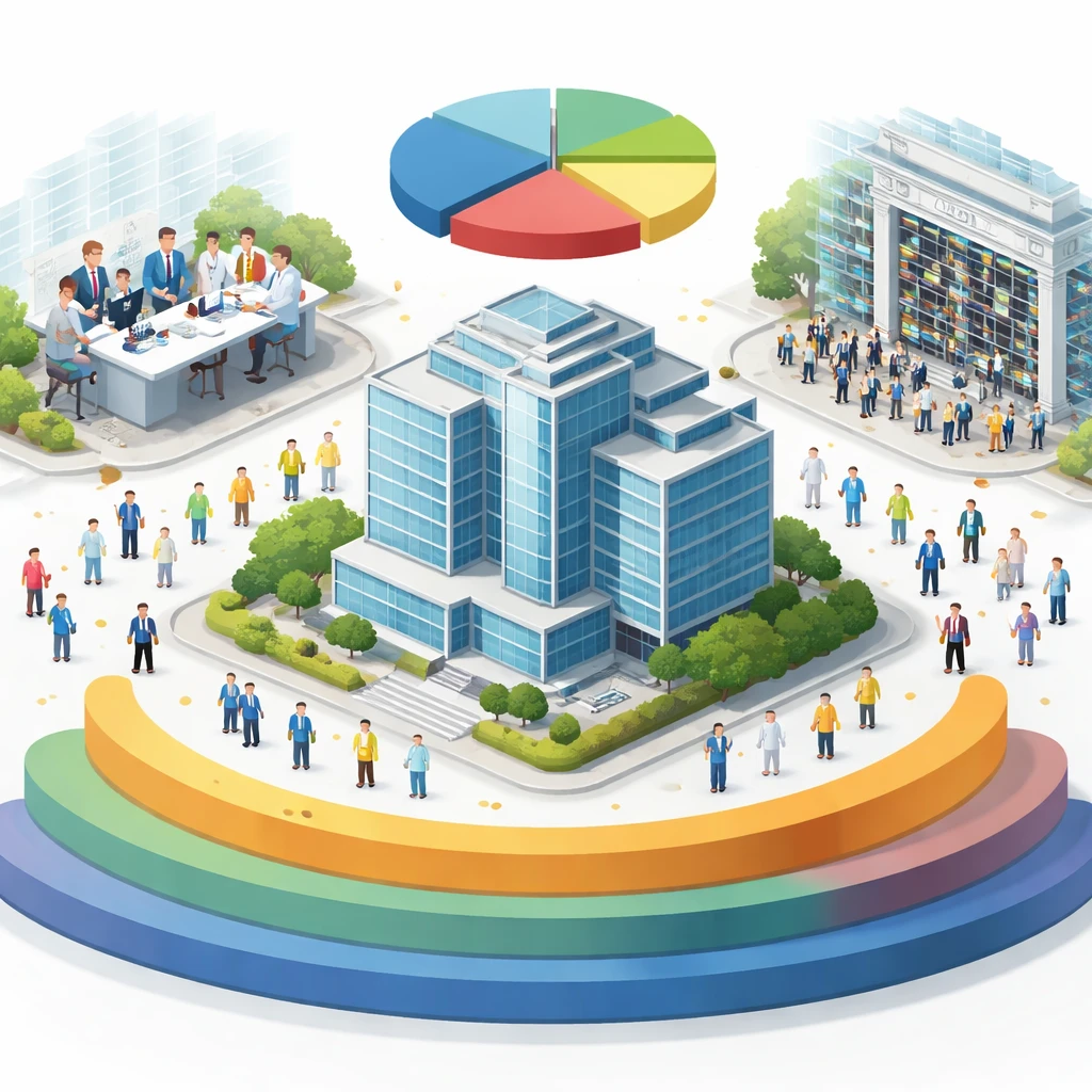 Conceptual scene showing a company building connected to investors and a stock exchange, with visual elements implying ownership distribution and capital structure.