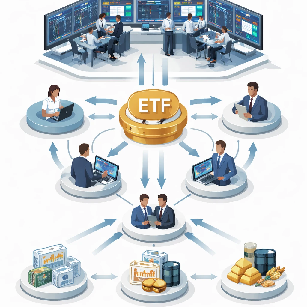 Isometric illustration showing ETF shares trading on an exchange connected by arrows to a basket of underlying stocks and bonds via authorized participants.
