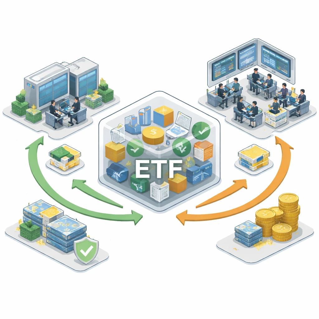 Isometric visualization of ETF in-kind creation and redemption linking an ETF portfolio, an authorized participant, and an exchange with arrows indicating flows.