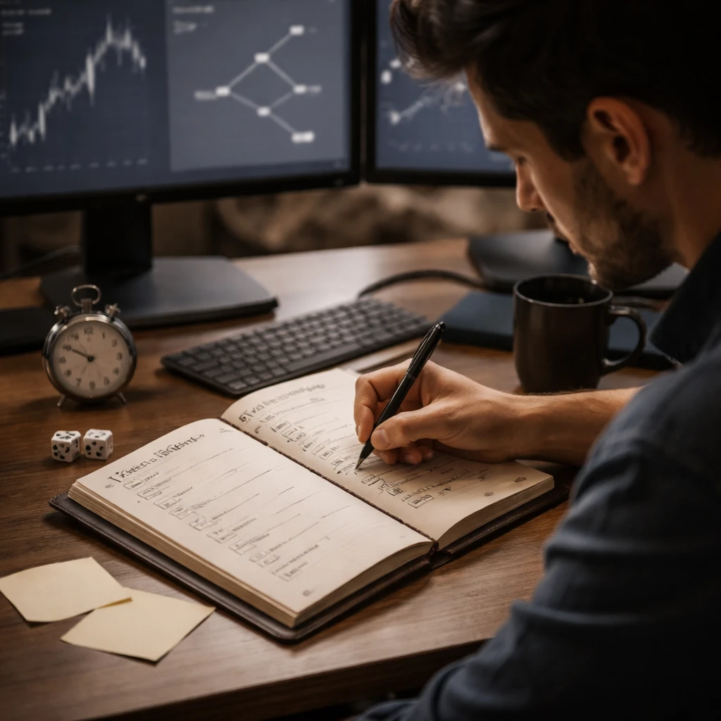 Analyst reviewing a decision journal beside trading screens, highlighting process over outcomes.