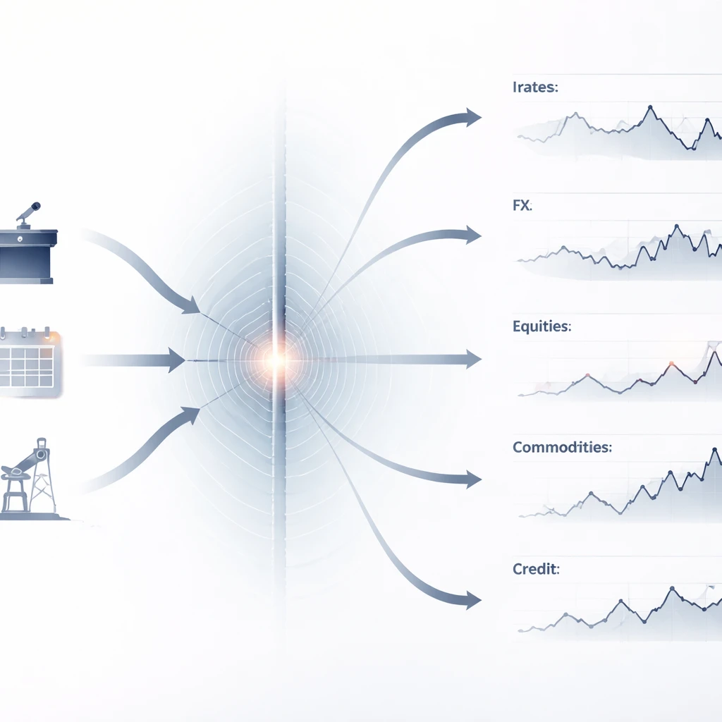 Conceptual diagram of an event triggering staggered reactions across rates, FX, equities, commodities, and credit.