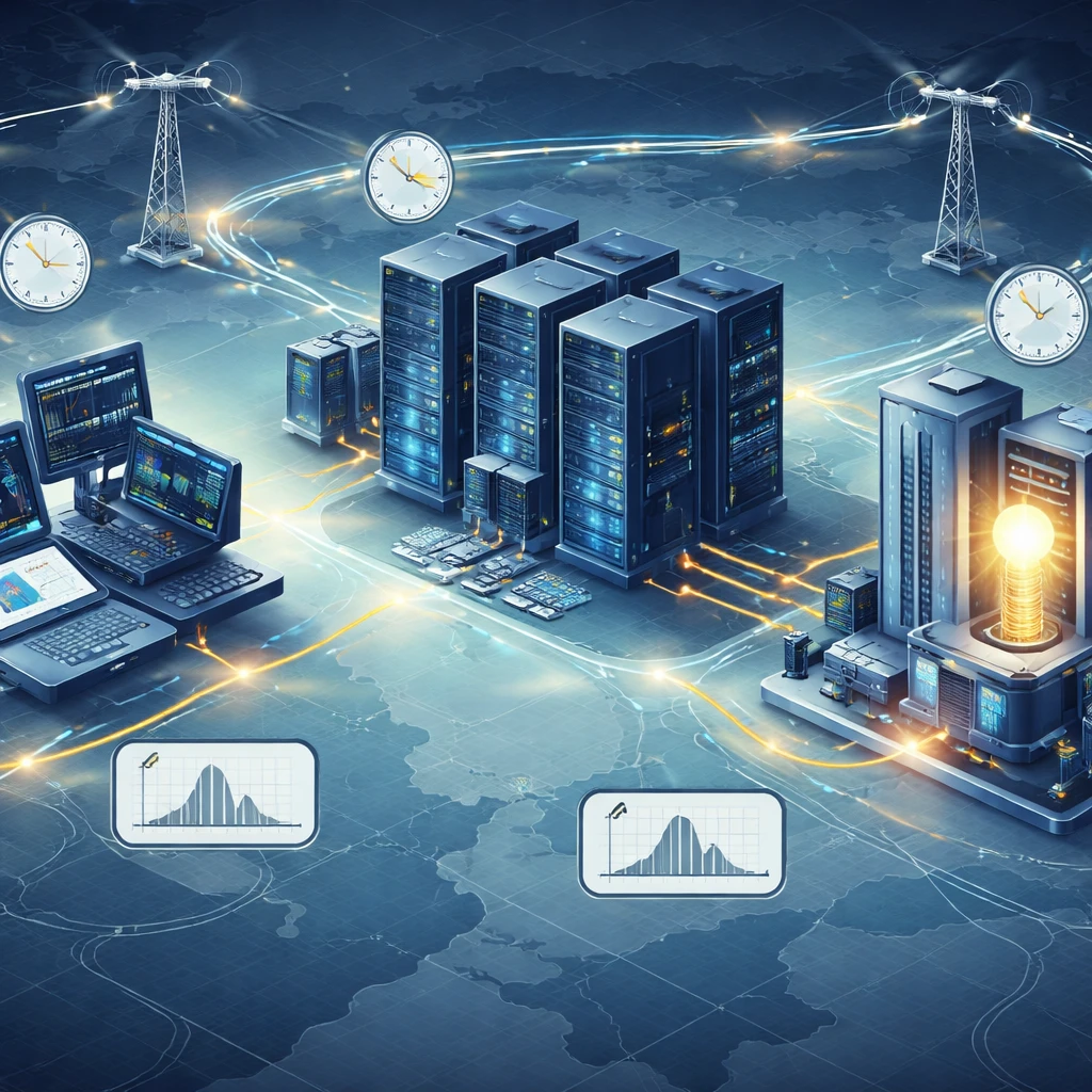 Conceptual visualization of an electronic order’s path through devices, networks, broker infrastructure, and an exchange matching engine with timing icons.