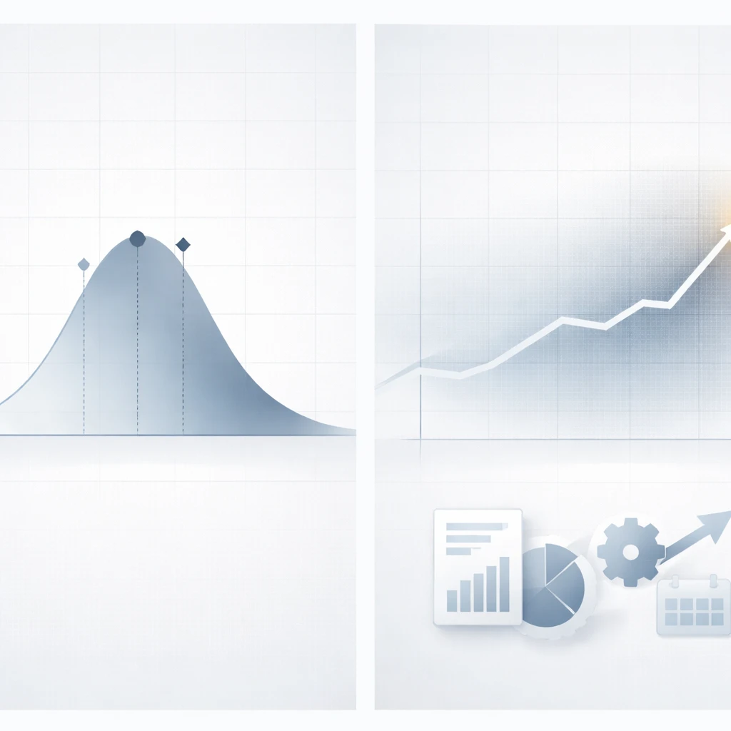 Conceptual visualization of market expectations versus realized outcomes, with a probability curve contrasted against an actual outcome line.